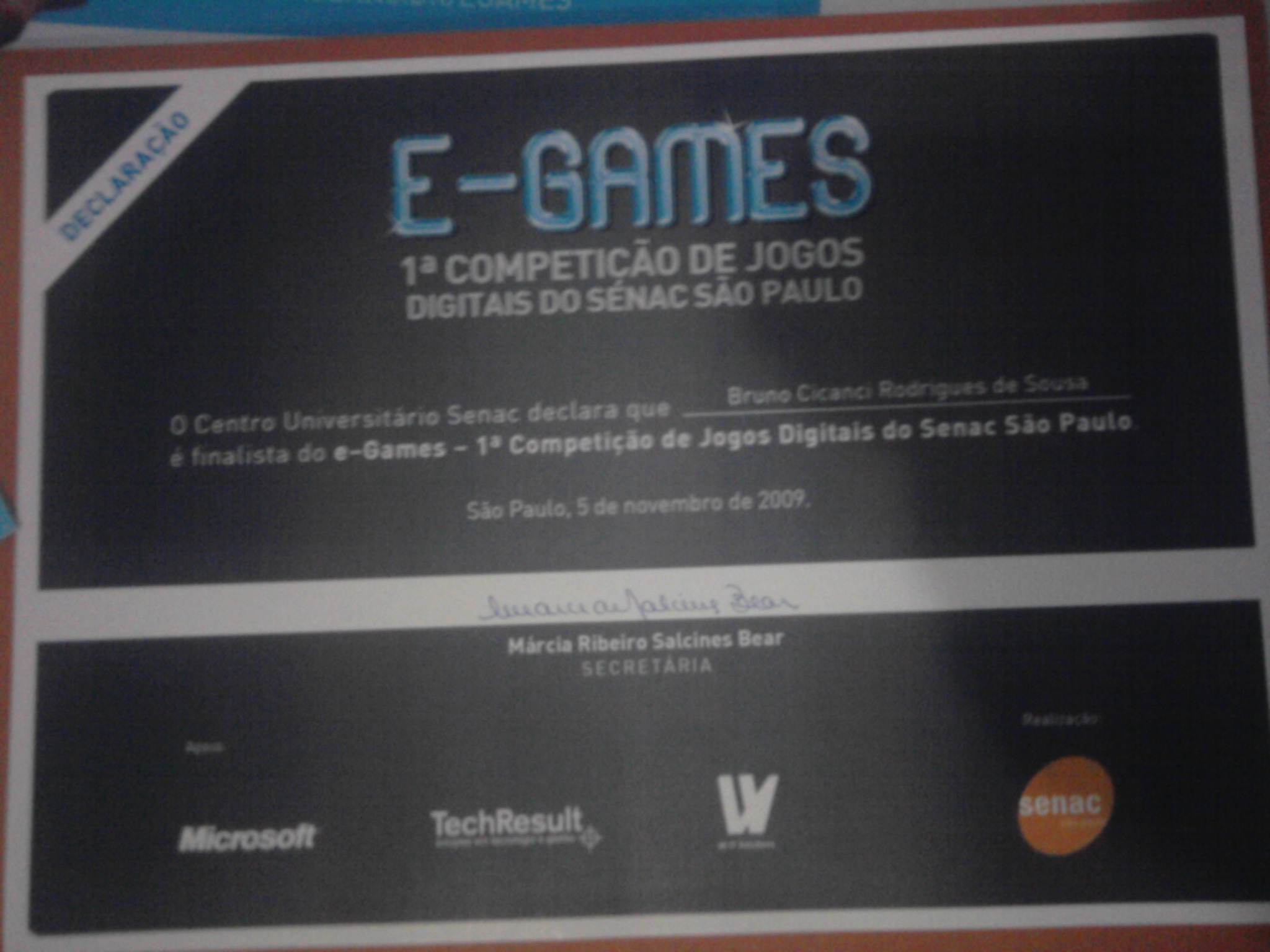 Certificado de Finalista no e-Games 2009